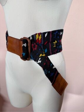 Vintage southwestern woven black fabric leather boho wide belt